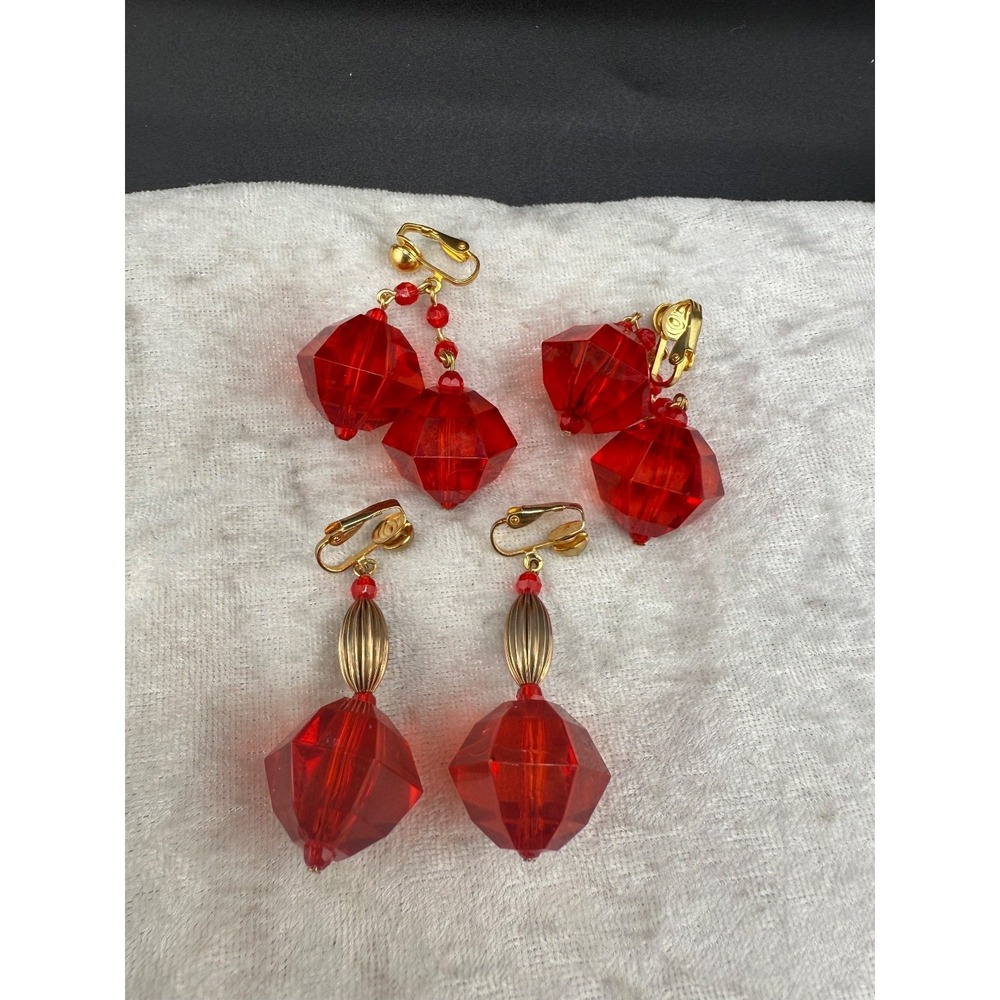 Vintage Red Acrylic Dangle Clip On Earrings Lot Gold Tone‎ 3 Sets
